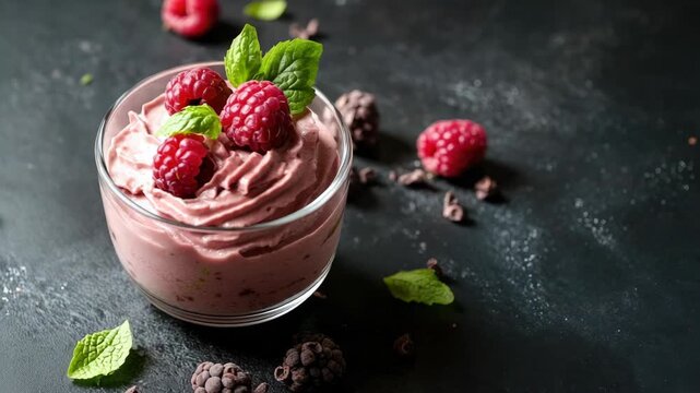 Delicious raspberry mousse garnished with fresh mint leaves served in glass bowl