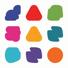 Geometric color abstract different shape sticker set. Graphic elements in minimalist style. Collection figures circle, star, wave blob. Modern design form. Vector illustration on black background