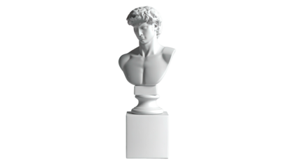 Bust of a man, Greco-Roman style, white plaster, high contrast lighting, black background
