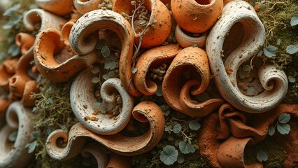 Abstract Swirling Clay Sculpture with Moss and Flowers