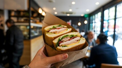 Closeup of a hand holding a delicious sandwich with turkey and fresh vegetables