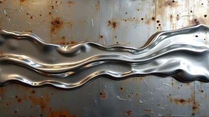 Abstract Silver Liquid Metal Flowing on Rusty Metal Texture