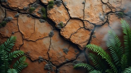 Cracked Earth Texture with Lush Green Ferns