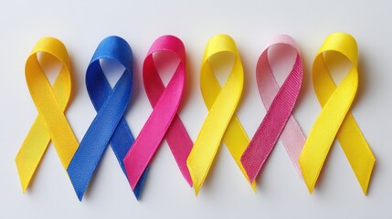 Row of colorful awareness ribbons in yellow, blue, and pink colors arranged on a
