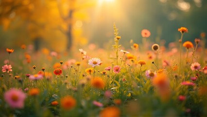 Vibrant Wildflower Meadow at Sunset Golden Hour
