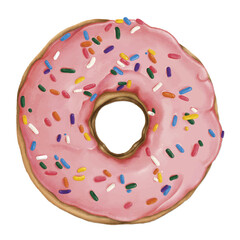 Birthday donut illustration. Donut dessert with cream, strawberry frosting and colorful sugar crumbs isolated on white background.