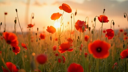 Vibrant Red Poppies Sunset Field Landscape Photography