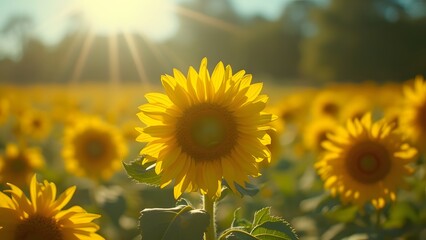 Vibrant Sunflower Field at Golden Hour Sunlight