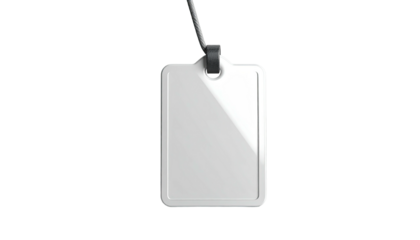 White rectangular tag with rounded edges, suspended from a black cord, isolated