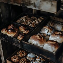 Artisan Breads and Pastries in Wooden Boxes Bakery Display