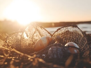Sunset Beach Scene with Fishing Nets and Floats