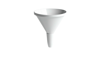 A white, simple funnel. Tapered shape, wide opening, and a long, narrow spout
