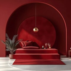 Luxury Red Velvet Bedroom Interior Design Mockup