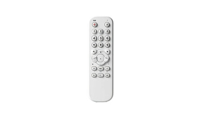 A white, rectangular remote control with many buttons against a black background