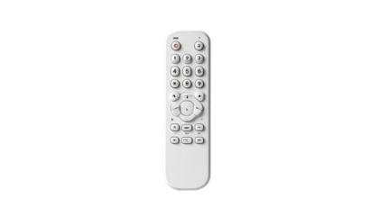 A white, rectangular remote control with many buttons against a black background