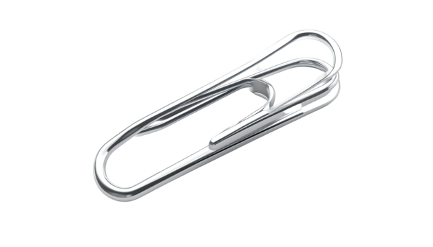 Shiny, silver metal paperclip sits against a black background