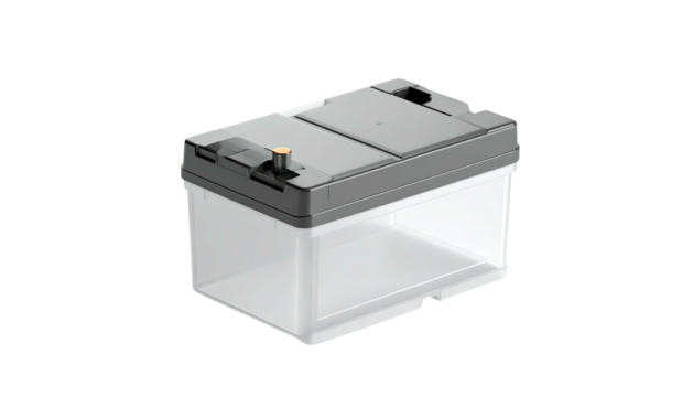 Rectangular battery with a gray top and terminals on a transparent container