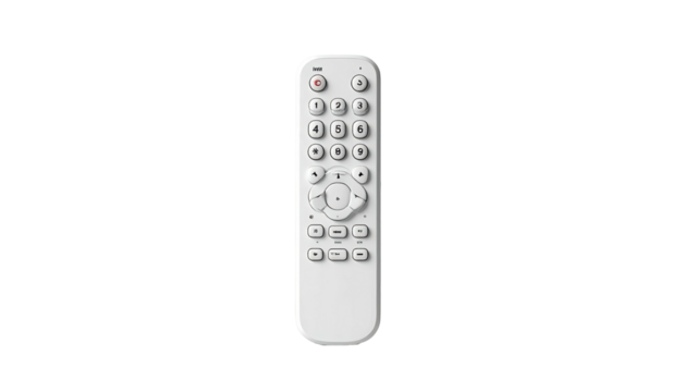 A white, rectangular remote control with many buttons against a black background
