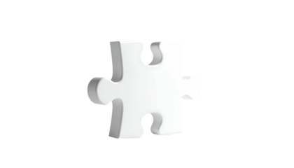 A single, isolated, 3D white jigsaw piece against a stark black background