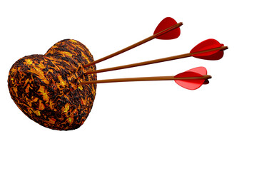 3D rendering of a lava heart with arrows on white background, love besets, romantic love element, Valentine's Day concept