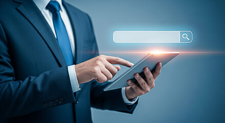 Businessman using a digital tablet for online search in a modern corporate setting with a search bar interface overlayed on the image