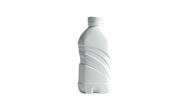 A white plastic water bottle with ridges, set against a solid black background