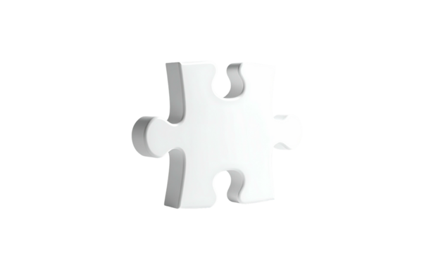 A single, isolated, 3D white jigsaw piece against a stark black background