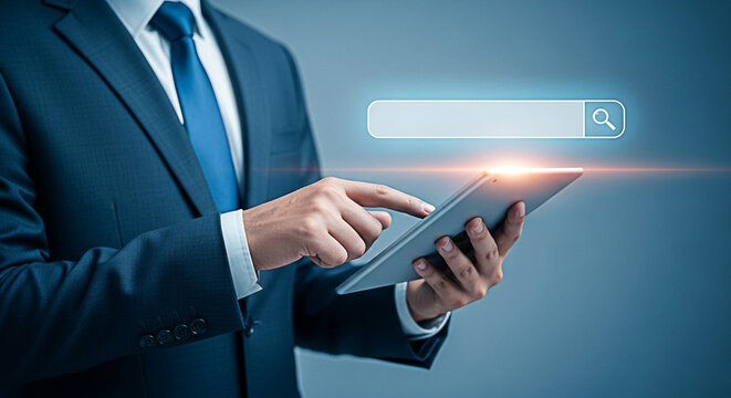 Businessman using a digital tablet for online search in a modern corporate setting with a search bar interface overlayed on the image