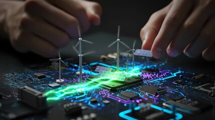 Man placing solar panel and wind turbine models on computer chip. Renewable energy integration on circuit board. Green technology future. - Powered by Adobe