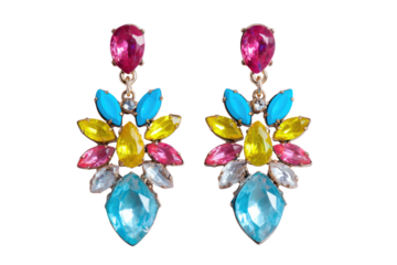 Vibrant statement dangle earrings featuring an array of colorful faceted gemstones in pink, yellow, blue, and clear on a transparent background. background removed