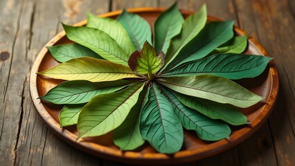 Vibrant Green Leaves Arranged on Wooden Plate