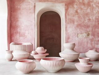 Elegant Pink and White Striped Pottery Collection Against Dusty Rose Wall