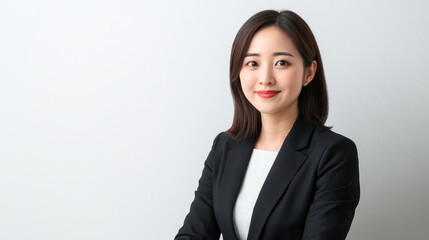 Obraz premium Confident businesswoman in black suit smiles warmly against neutral background, exuding professionalism and approachability