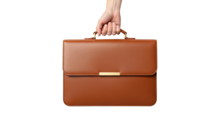 Isolated hand holding an expensive leather briefcase. Formal, chic office accessory.