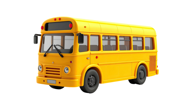 Bright yellow school bus with black tires and windows on a transparent background