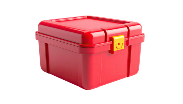 A vibrant red plastic storage box with a latch, rendered against a black background