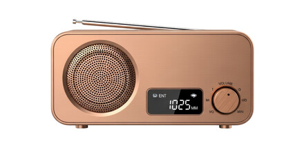Isolated audio device displaying 102.5 MM, a portable modern radio with an antenna extended