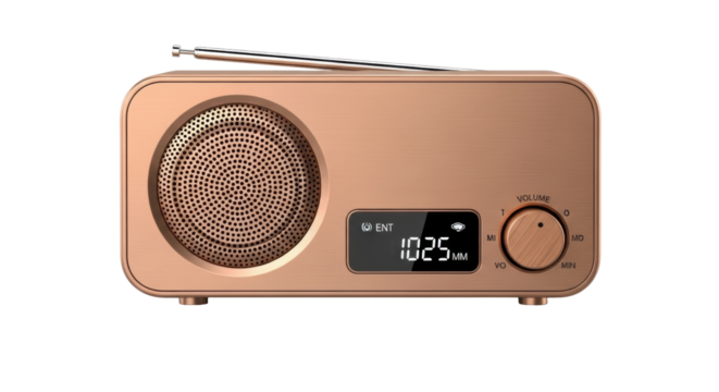 Isolated audio device displaying 102.5 MM, a portable modern radio with an antenna extended