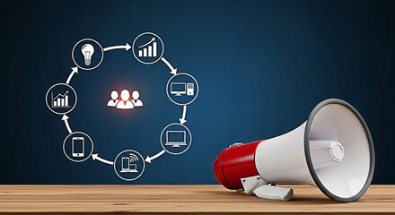 Megaphone announces business process with team growth and technology icons on a wooden table against a dark blue background showing marketing strategy