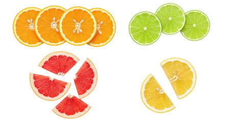Isolated citrus fruit slices, orange, lime, grapefruit and lemon close up, studio shot