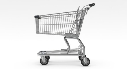 A sleek, metallic shopping cart sits on a stark white background