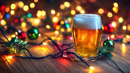 Festive Beer Glass Christmas Lights Wooden Table
