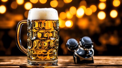 Refreshing Beer in Beer Stein on Wooden Table with Microphones