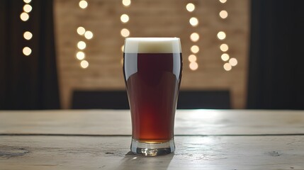 Dark Beer Pint on Rustic Wooden Table with Bokeh Lights