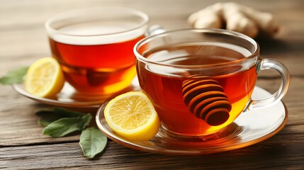 Warm Honey Lemon Ginger Tea in Glass Cups on Wooden Table