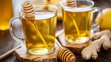 Delicious Honey Ginger Tea in Glass Cups on Wooden Surface