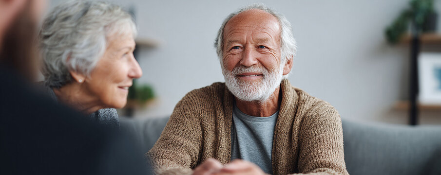Smiling senior man with his wife in a cozy living room, engaged in conversation. Represents wisdom, connection, family values, and relaxed retirement lifestyle. - Powered by Adobe