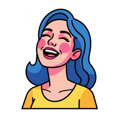 Joyful laughter radiates from a vibrant, animated woman with blue hair against a clean background, perfect for conveying happiness and lightheartedness