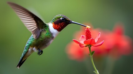 Vibrant Hummingbird Feeding on Red Flower Blossom