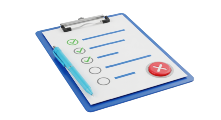 Isolated checklist clipboard with check marks, lines, and a red button, representing success